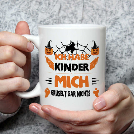 SEO. Bedruckte Tasse mit Spruch Ich habe Kinder mich gruselt gar nichts - Weiß Linkreich