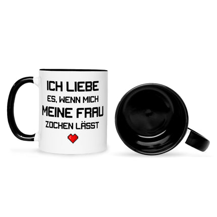 SEO. Bedruckte Tasse mit Spruch Ich liebe es wenn mich meine Frau zocken lässt - Schwarz & Weiß Linkreich