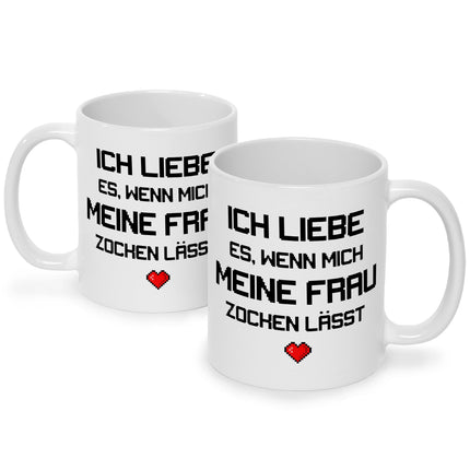 SEO. Bedruckte Tasse mit Spruch Ich liebe es wenn mich meine Frau zocken lässt - Weiß Linkreich