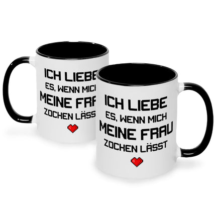SEO. Bedruckte Tasse mit Spruch Ich liebe es wenn mich meine Frau zocken lässt - Schwarz & Weiß Linkreich