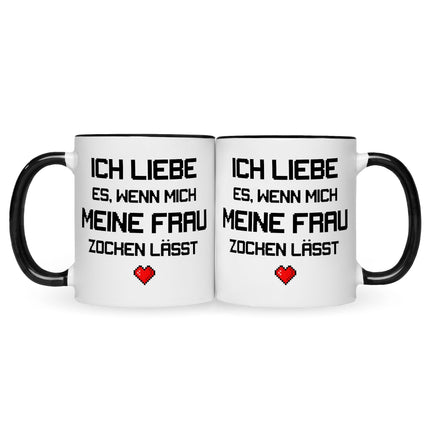 SEO. Bedruckte Tasse mit Spruch Ich liebe es wenn mich meine Frau zocken lässt - Schwarz & Weiß Linkreich