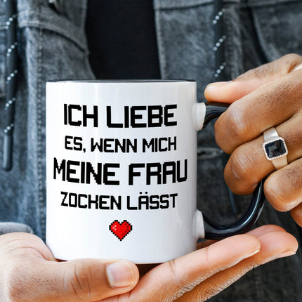 SEO. Bedruckte Tasse mit Spruch Ich liebe es wenn mich meine Frau zocken lässt - Weiß Linkreich