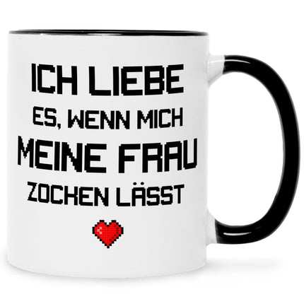 SEO. Bedruckte Tasse mit Spruch Ich liebe es wenn mich meine Frau zocken lässt - Schwarz & Weiß Linkreich