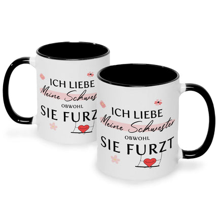 SEO. Bedruckte Tasse mit Spruch Ich liebe meine Schwester obwohl sie furzt - Schwarz & Weiß Linkreich