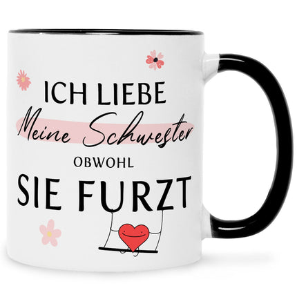 SEO. Bedruckte Tasse mit Spruch Ich liebe meine Schwester obwohl sie furzt - Schwarz & Weiß Linkreich