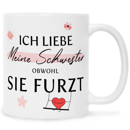 SEO. Bedruckte Tasse mit Spruch Ich liebe meine Schwester obwohl sie furzt - Weiß Linkreich