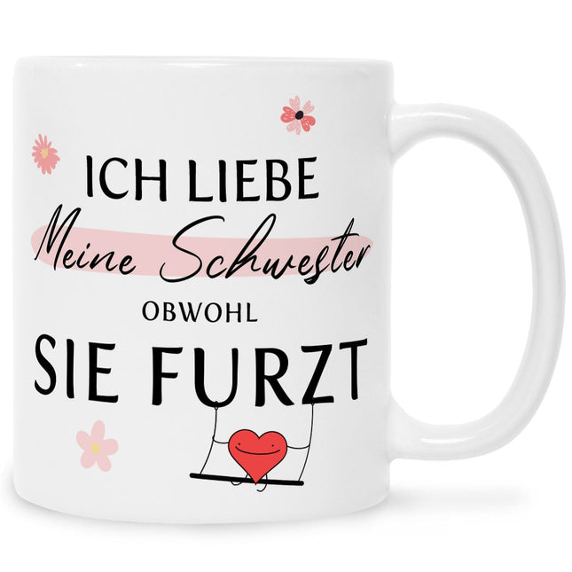 SEO. Bedruckte Tasse mit Spruch Ich liebe meine Schwester obwohl sie furzt - Weiß Linkreich