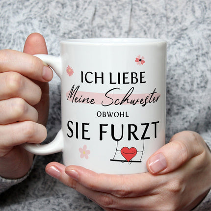 SEO. Bedruckte Tasse mit Spruch Ich liebe meine Schwester obwohl sie furzt - Weiß Linkreich