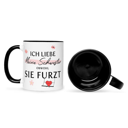 SEO. Bedruckte Tasse mit Spruch Ich liebe meine Schwester obwohl sie furzt - Schwarz & Weiß Linkreich