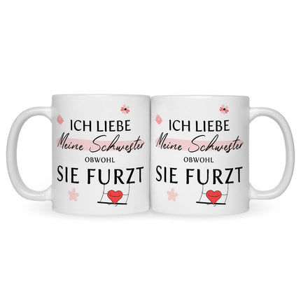 SEO. Bedruckte Tasse mit Spruch Ich liebe meine Schwester obwohl sie furzt - Weiß Linkreich