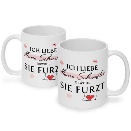 SEO. Bedruckte Tasse mit Spruch Ich liebe meine Schwester obwohl sie furzt - Weiß Linkreich