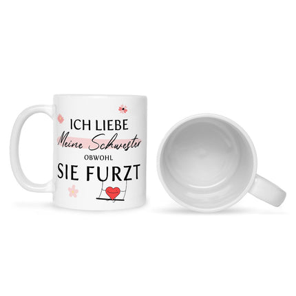 SEO. Bedruckte Tasse mit Spruch Ich liebe meine Schwester obwohl sie furzt - Weiß Linkreich