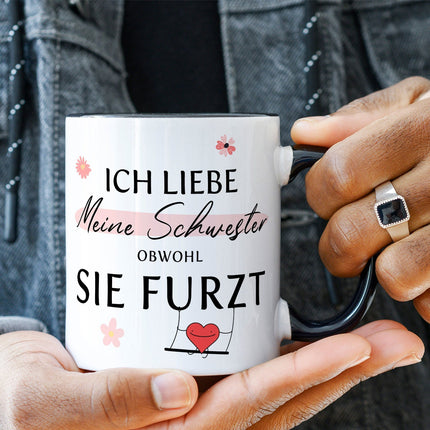 SEO. Bedruckte Tasse mit Spruch Ich liebe meine Schwester obwohl sie furzt - Weiß Linkreich