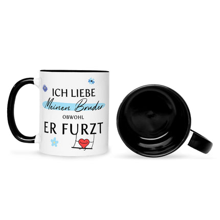 SEO. Bedruckte Tasse mit Spruch Ich liebe meinen Bruder obwohl er furzt - Schwarz & Weiß Linkreich