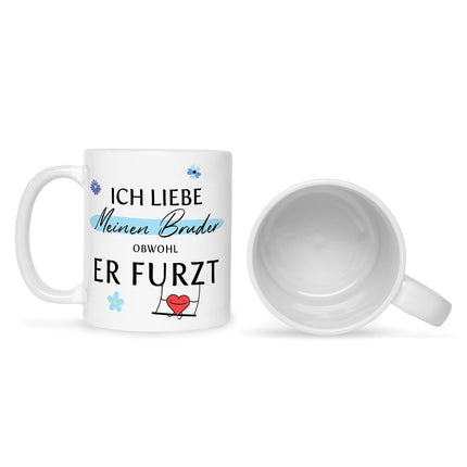 SEO. Bedruckte Tasse mit Spruch Ich liebe meinen Bruder obwohl er furzt - Weiß Linkreich