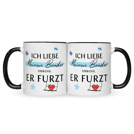 SEO. Bedruckte Tasse mit Spruch Ich liebe meinen Bruder obwohl er furzt - Schwarz & Weiß Linkreich