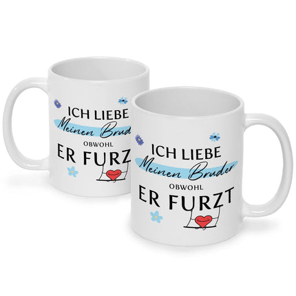SEO. Bedruckte Tasse mit Spruch Ich liebe meinen Bruder obwohl er furzt - Weiß Linkreich