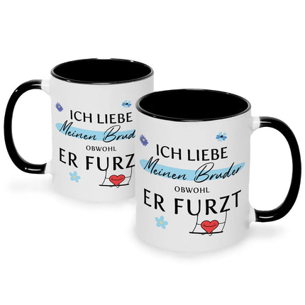 SEO. Bedruckte Tasse mit Spruch Ich liebe meinen Bruder obwohl er furzt - Schwarz & Weiß Linkreich