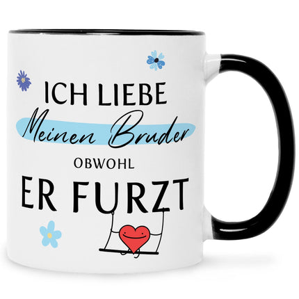 SEO. Bedruckte Tasse mit Spruch Ich liebe meinen Bruder obwohl er furzt - Schwarz & Weiß Linkreich