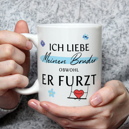 SEO. Bedruckte Tasse mit Spruch Ich liebe meinen Bruder obwohl er furzt - Weiß Linkreich