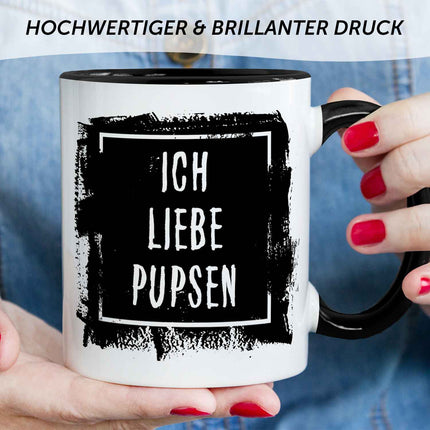 SEO. Bedruckte Tasse mit Spruch - "Ich Liebe Pupsen" - Schwarz & Weiß Linkreich