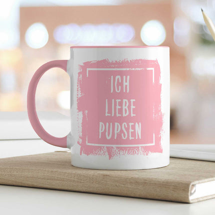 SEO. Bedruckte Tasse mit Spruch - "Ich Liebe Pupsen" - Rosa Linkreich