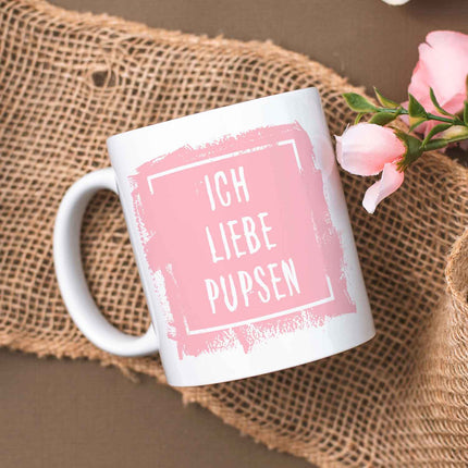 SEO. Bedruckte Tasse mit Spruch - "Ich Liebe Pupsen" - Weiß Linkreich