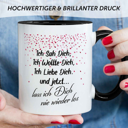 SEO. Bedruckte Tasse mit Spruch - Ich sah dich - Schwarz & Weiß Linkreich