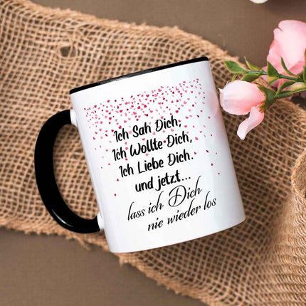 SEO. Bedruckte Tasse mit Spruch - Ich sah dich - Schwarz & Weiß Linkreich