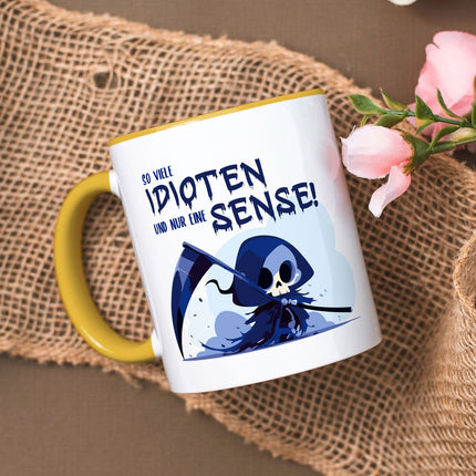 SEO. Bedruckte Tasse mit Spruch in blau - So viele Idioten und nur eine Sense - Gelb Linkreich