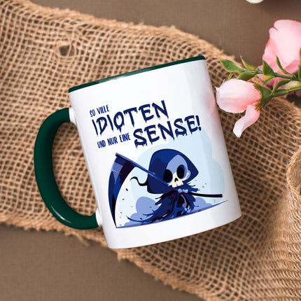 SEO. Bedruckte Tasse mit Spruch in blau - So viele Idioten und nur eine Sense - Dunkelgrün Linkreich