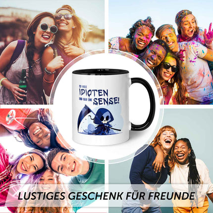 SEO. Bedruckte Tasse mit Spruch in blau - So viele Idioten und nur eine Sense - Schwarz & Weiß Linkreich