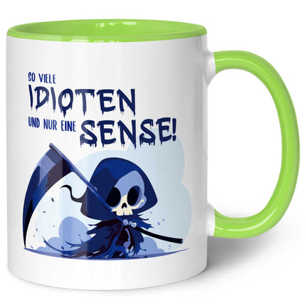 SEO. Bedruckte Tasse mit Spruch in blau - So viele Idioten und nur eine Sense - Hellgrün Linkreich