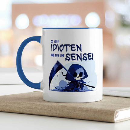 SEO. Bedruckte Tasse mit Spruch in blau - So viele Idioten und nur eine Sense - Weiß Linkreich