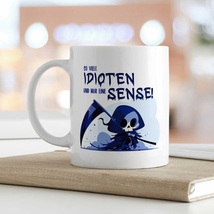 SEO. Bedruckte Tasse mit Spruch in blau - So viele Idioten und nur eine Sense - Weiß Linkreich