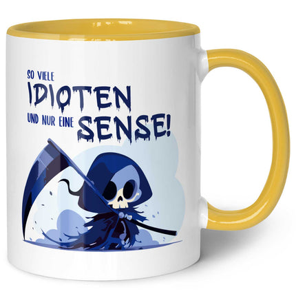 SEO. Bedruckte Tasse mit Spruch in blau - So viele Idioten und nur eine Sense - Gelb Linkreich