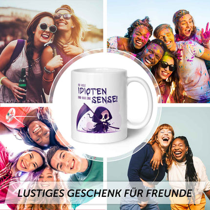 SEO. Bedruckte Tasse mit Spruch in lila - So viele Idioten und nur eine Sense - Weiß Linkreich