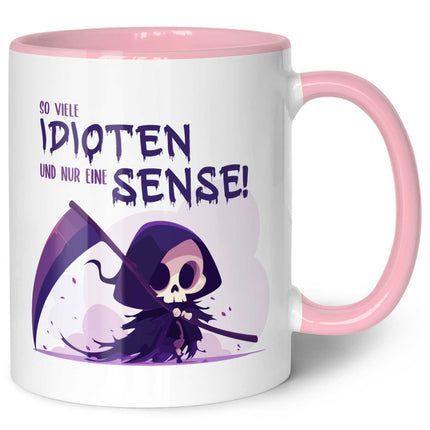 SEO. Bedruckte Tasse mit Spruch in lila - So viele Idioten und nur eine Sense - Rosa Linkreich