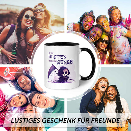 SEO. Bedruckte Tasse mit Spruch in lila - So viele Idioten und nur eine Sense - Schwarz & Weiß Linkreich