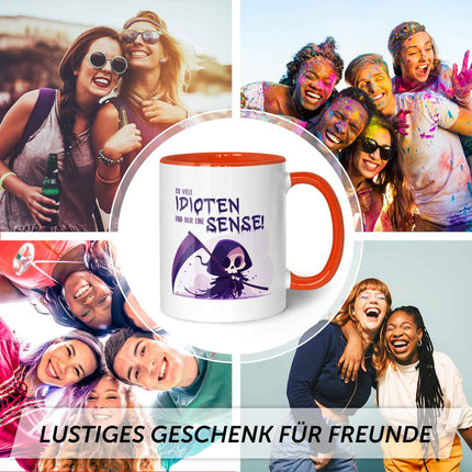 SEO. Bedruckte Tasse mit Spruch in lila - So viele Idioten und nur eine Sense - Orange Linkreich