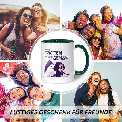 SEO. Bedruckte Tasse mit Spruch in lila - So viele Idioten und nur eine Sense - Dunkelgrün Linkreich