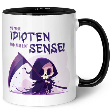 SEO. Bedruckte Tasse mit Spruch in lila - So viele Idioten und nur eine Sense - Schwarz & Weiß Linkreich