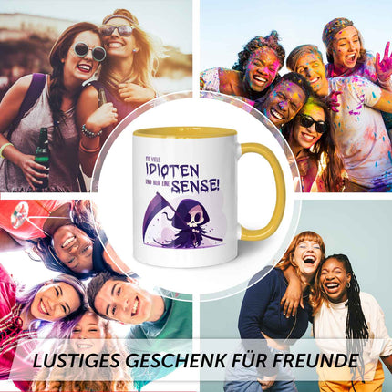 SEO. Bedruckte Tasse mit Spruch in lila - So viele Idioten und nur eine Sense - Gelb Linkreich