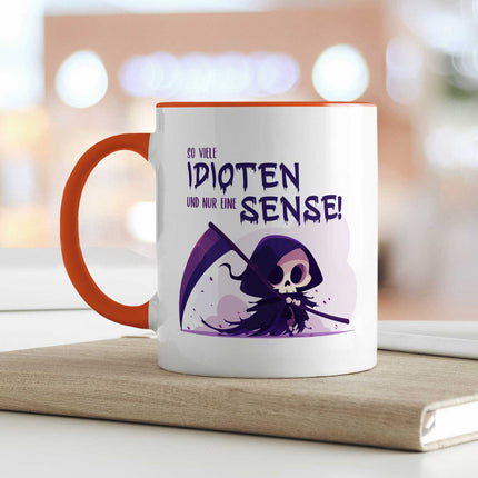 SEO. Bedruckte Tasse mit Spruch in lila - So viele Idioten und nur eine Sense - Orange Linkreich
