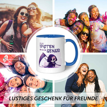 SEO. Bedruckte Tasse mit Spruch in lila - So viele Idioten und nur eine Sense - Blau Linkreich