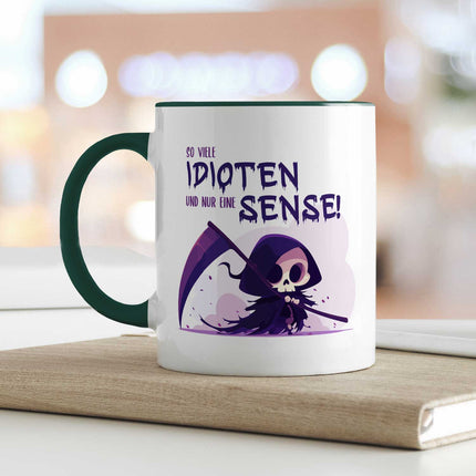 SEO. Bedruckte Tasse mit Spruch in lila - So viele Idioten und nur eine Sense - Dunkelgrün Linkreich