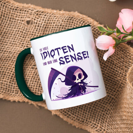 SEO. Bedruckte Tasse mit Spruch in lila - So viele Idioten und nur eine Sense - Dunkelgrün Linkreich