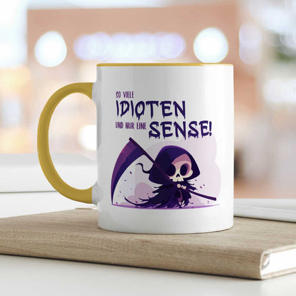 SEO. Bedruckte Tasse mit Spruch in lila - So viele Idioten und nur eine Sense - Gelb Linkreich