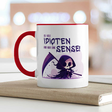 SEO. Bedruckte Tasse mit Spruch in lila - So viele Idioten und nur eine Sense - Rot Linkreich