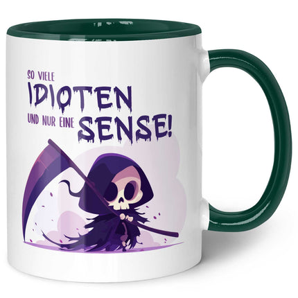 SEO. Bedruckte Tasse mit Spruch in lila - So viele Idioten und nur eine Sense - Dunkelgrün Linkreich